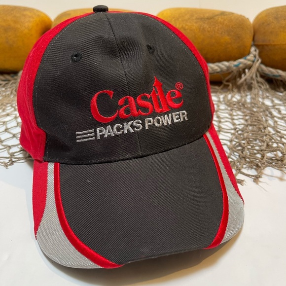 Mens Castle Packs Power Canvas Twill Black & Red Truckers Adjustable Cap Hat - Picture 1 of 7